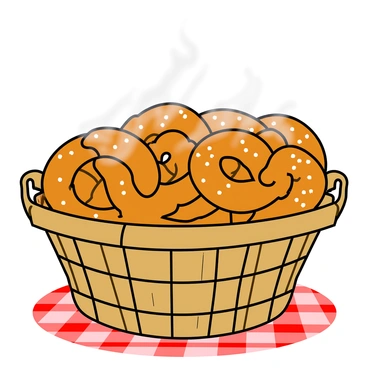 A large wicker basket filled to the brim with freshly baked bretzels, their golden-brown crust glistening under soft light. The bretzels have a slightly twisted shape, with coarse salt sprinkled on top. Steam is visibly rising from the basket, creating a warm, inviting atmosphere. The basket itself has a woven pattern and a sturdy handle, resting on a checkered tablecloth with a cozy pattern. The scene has an overall sense of warmth and comfort, emphasizing the deliciousness of the bretzels inside.