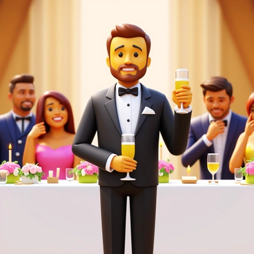 A best man in a sharp tuxedo is standing at a microphone, holding a glass of champagne. The best man has a warm smile and looks emotional as he delivers his toast. In the background, a decorated banquet table is filled with floral centerpieces and flickering candles. Guests are seated at tables, some smiling and others wiping away tears. The atmosphere is filled with love and celebration, with soft lighting illuminating the scene.