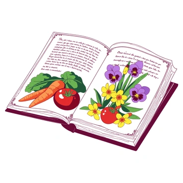 A white Victorian-era seed catalog is opened to a page filled with detailed illustrations of various vegetables and flowers. There are vibrant orange carrots with lush green tops, plump red tomatoes with glistening skin, and delicate purple pansies gracefully arranged alongside bright yellow daffodils. Each illustration is accompanied by elegant handwritten descriptions in cursive, elegantly framing the colorful artwork. The catalog has ornate borders with intricate designs, enhancing the vintage aesthetic of the page.