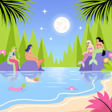 A tranquil lagoon surrounded by lush green trees and vibrant flowers. The water reflects the light of a full moon, creating a shimmering effect on the surface. Several mermaids with colorful tails are gathered near the water's edge, some are sitting on rocks while others are swimming playfully. The sky is dotted with twinkling stars, and the scene is illuminated by the soft glow of the moonlight. Small, gentle waves lap at the shore, adding to the peaceful ambiance of the lagoon.