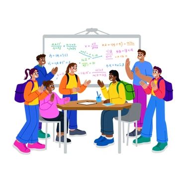 A group of enthusiastic students gathered around a large whiteboard, actively solving math problems together. The whiteboard is filled with colorful equations and diagrams, showcasing their teamwork. Each student has a bright smile as they encourage one another, clapping their hands and exchanging high-fives. They are dressed in vibrant clothing, with backpacks and stationery scattered on a nearby table. The atmosphere is lively and energizing, highlighting collaboration and excitement in learning.