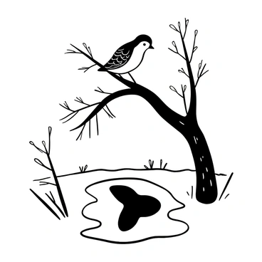 A bird perched on a branch with intricate feathers is gazing downwards. The branch is detailed with textured bark and small leaves. Below the branch is a puddle, reflecting the bird's shape. The bird appears to be tilting its head slightly, as if puzzled by the reflection in the puddle. The surrounding environment includes additional branches and scattered twigs.