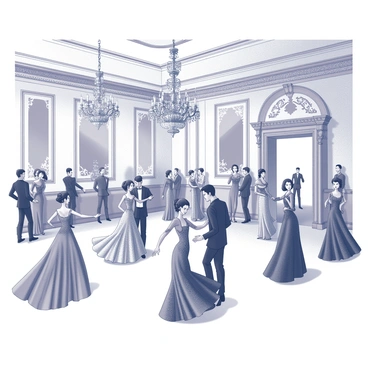 A grand ballroom filled with elegantly dressed characters dancing. The ceiling features ornate chandeliers casting intricate shadows. The floor is polished and reflects the graceful movements of the dancers. Characters wear elaborate costumes, with flowing gowns and tailored suits, showcasing intricate patterns and accessories. Some characters twirl in pairs, while others stand in groups, engaging in lively conversations. The walls of the ballroom are adorned with detailed moldings and large mirrors, enhancing the impressive scale of the room. A large archway leads to another area, partially visible in the background.