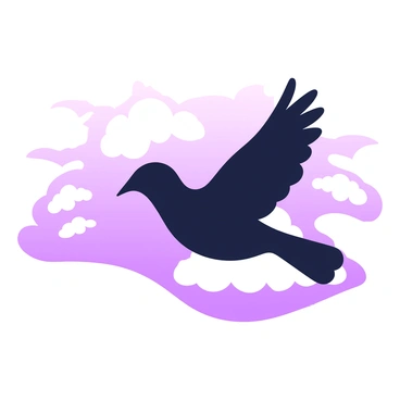 A bird silhouette is depicted using negative space against a bright sky. The bird is in mid-flight, with its wings spread wide, showcasing a distinct profile. The sky is filled with soft, wispy clouds, creating an ethereal backdrop. The overall composition captures the contrast between the dark silhouette of the bird and the vibrant, illuminated sky surrounding it. The edges of the silhouette are sharp and defined, highlighting the bird's graceful shape.