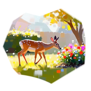 A roe deer with a light brown coat and white spots on its sides is cautiously exploring a quiet suburban garden early in the morning. The garden is lush with green grass and colorful flowers. Sunlight filters through the leaves of nearby trees, casting gentle shadows on the ground. In the background, a well-kept hedgerow and a small wooden fence define the boundaries of the garden. The deer appears alert, with its ears perked up, as it approaches a flower bed filled with vibrant blooms. The peaceful ambiance of the scene is enhanced by the soft morning light.