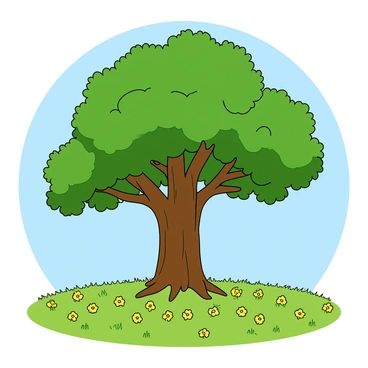 A tall oak tree with a thick trunk and wide, sprawling branches stands proudly in the center of a vibrant field. The canopy of the tree is lush and green, providing shade to the area below. Surrounding the tree is a blanket of small yellow flowers, their petals open and facing the sun. The flowers create a cheerful contrast against the rich green grass that sways gently in the breeze. The scene captures a sunny day with a clear blue sky above, adding to the overall brightness of the landscape.
