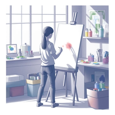 A girl stands in front of a large canvas, holding a paintbrush in her right hand. She has long hair tied back in a loose ponytail. Surrounding her are shelves filled with various art supplies, including tubes of paint, brushes of different sizes, and palettes scattered with vibrant colors. The studio has large windows allowing natural light to flood in, illuminating the space and creating subtle shadows. The walls are adorned with various artworks and sketches, adding to the creative atmosphere. The girl is focused on her painting, applying strokes of paint with concentration.