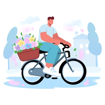 A character with a flat face is riding a bicycle. The bicycle has a large basket that is overflowing with a variety of colorful flowers. The character is wearing a casual outfit, and the scene depicts a sunny street lined with trees and houses in the background. Sunlight casts warm hues on the pavement, enhancing the vibrant colors of the flowers in the basket.