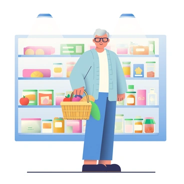 An elderly person with gray hair is shopping for essentials in a grocery store. They are wearing reading glasses and a light blue cardigan over a white shirt. In their right hand, they hold a small woven basket filled with fresh produce such as apples and a loaf of bread. The elderly person is standing in front of a shelf stocked with various canned goods and spices. A bright overhead light illuminates the aisle, casting soft shadows on the floor.