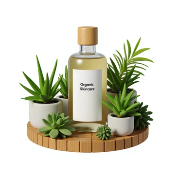 A new organic skincare product in a glass bottle with a wooden cap, featuring a minimalistic label that reads "Organic Skincare." The packaging is displayed on a natural bamboo surface. Surrounding the product are various green plants, including ferns and small potted succulents, creating a vibrant and fresh atmosphere. The lighting highlights the textures of the plants and the shine of the glass bottle, emphasizing the eco-friendly theme.
