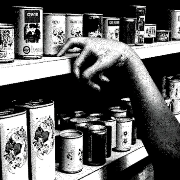 A zombie hand with decaying skin and elongated fingers is reaching out towards several canned goods on a supermarket shelf. The hand is partially covered in dirt and has exposed bone in some areas. The scene is set in a dimly lit supermarket aisle, with shadowy figures of other products lining the shelves in the background. The light casts eerie shadows, enhancing the atmosphere of the scene. The canned goods vary in size and shape, some with faded labels, while the shelves are slightly disarrayed, suggesting a hasty abandonment.