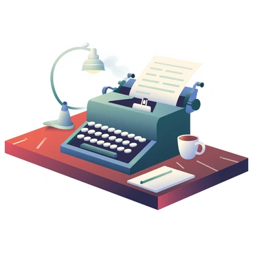 An old-fashioned typewriter with a glossy black finish is positioned on a wooden desk. The typewriter has round keys and a vintage appearance, showcasing intricate details. A half-typed page is inserted into the typewriter, with visible text in a classic typewriter font. The desk is made of rich, dark wood, featuring a polished surface and a few scratches that hint at age. A coffee cup is sitting beside the typewriter, with steam rising gently from it, and a small antique lamp casts a warm glow over the scene. A notepad and a pencil are placed on the side of the desk, adding to the nostalgic atmosphere.