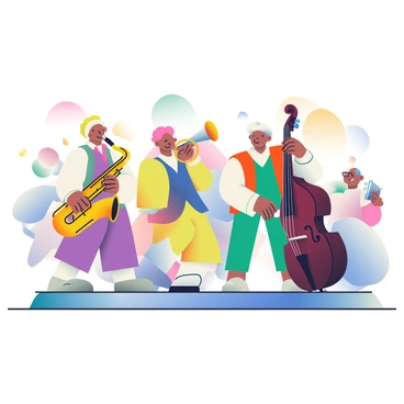 A lively jazz band is performing on stage. The band features a saxophonist with a shiny, gold saxophone, playing passionately. Next to him, a trumpeter is holding a bright silver trumpet and is in the middle of a joyful solo. In the background, a double bassist is skillfully plucking the strings of a dark wood double bass, creating a rhythm that complements the melody. The musicians are dressed in stylish, colorful outfits, and there are vibrant stage lights illuminating them. The audience can be seen enjoying the performance, some swaying to the music, adding to the energetic atmosphere of the scene.