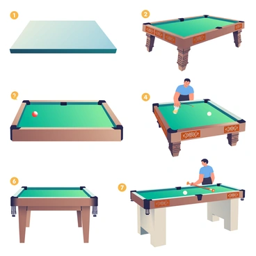 A detailed illustration showcasing the step-by-step assembly of a billiard table is divided into several panels. The first panel shows a large, flat table surface with green felt and wooden trim laid out flat on the ground. The second panel displays four sturdy legs being attached to the corners of the table, with screws and tools visible. The third panel presents the assembly of the railings, featuring ornate wood designs, as they are fastened along the edges of the table surface. The fourth panel illustrates the placement of the pockets, which are made of black leather, being secured to the appropriate spots. The fifth panel depicts the attachment of the felt covering, with a person smoothing it out to remove any wrinkles. The final panel reveals the completed billiard table, with a cue ball and cues placed on top, ready for a game. Each step is clearly numbered for easy understanding.