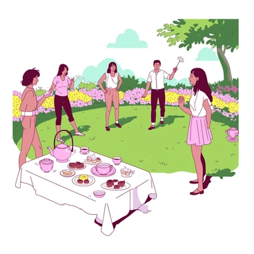 Guests doing light fire hydrant exercises during a charming garden tea party