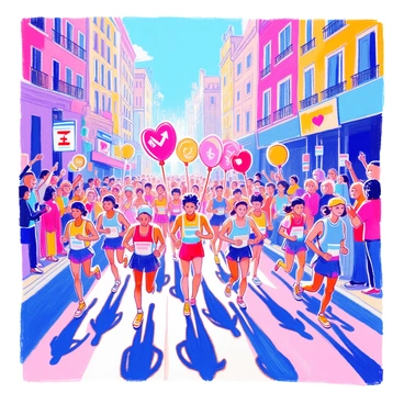 A marathon race takes place on a sunlit city street. Numerous participants, dressed in colorful athletic gear, are racing energetically while holding oversized social media symbols as batons. Runners exhibit diverse ethnicities and feature various hairstyles, showcasing their determination and excitement. The social media symbols, such as a blue bird, a heart, and a camera, are vividly detailed and oversized, making them the focal point of their handhold. Spectators line the route, cheering enthusiastically and waving flags. In the background, tall buildings can be seen along the racing path.
