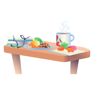 A small wooden table with a smooth surface is set up for a revision session. On the table, there is an assortment of healthy snacks, including a bowl of mixed nuts, a plate of fresh fruit slices such as apples and oranges, and some carrot sticks arranged neatly. Next to the snacks, there is a white ceramic mug filled with steaming tea, displaying a floral design. A stack of colorful revision notes is placed on one side of the table, and a pair of reading glasses rests on top of the notes. Soft natural light filters in, highlighting the items on the table.