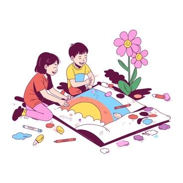 A group of children is sitting on a bright white sidewalk, surrounded by an array of colorful chalk. One child is kneeling, drawing a large sun with orange rays, while another is standing, sketching a blue rainbow with fluffy white clouds. A third child is drawing a vibrant pink flower with a green stem. Each child is smiling, fully engaged in their creative process. There are colorful drawings scattered all around them, showcasing various imaginative designs, including abstract shapes and playful animals.