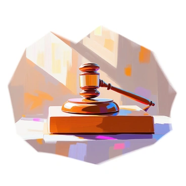 A judge's gavel made of polished wood is resting on a rectangular wooden block, which has a smooth surface and a rich grain pattern. The gavel is positioned diagonally across the block, showcasing its detailed craftsmanship. Sunlight is streaming through a nearby window, casting soft, warm beams of light that illuminate the gavel and create gentle shadows on the block. The background reveals a hint of textured wooden paneling that enhances the courtroom atmosphere.
