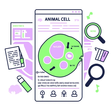 An educational poster displaying an animal cell in detail. The cell is centered on the poster, showcasing various labeled parts such as the nucleus, mitochondria, and endoplasmic reticulum. Each part is clearly defined with arrows pointing to them. The background of the poster is filled with diagrams and informative text explaining the functions of each part. Surrounding the cell, there are illustrations of additional educational elements like magnifying glasses and books, emphasizing the learning theme for a classroom setting.