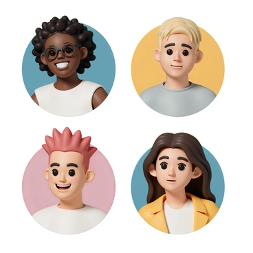 A collection of diverse profile pictures featuring individuals from different ethnic backgrounds. Each person displays a unique expression, such as happiness, thoughtfulness, or curiosity. The first profile picture shows a woman with curly black hair and glasses smiling brightly. The second features a man with straight blond hair and a serious expression. The third profile shows a person with short, spiked red hair and a playful grin. The fourth image captures a person with long, wavy brown hair and a contemplative look. The backgrounds of each profile picture vary, highlighting their individual styles.
