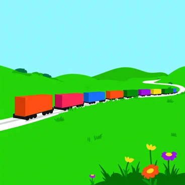 A cargo train moving across lush green meadows filled with wildflowers
