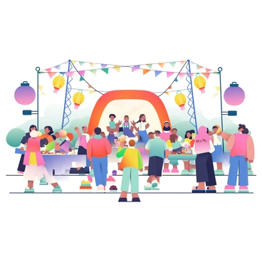 A lively festival scene is filled with decorations and lights glowing in radiant amethyst colors. Colorful banners and streamers are strung between tall poles, fluttering gently in the breeze. Festive lanterns emit a soft purple light, casting a warm glow on the gathered crowd. People are dressed in various vibrant outfits, some adorned with amethyst-hued accessories. A large stage is set up, featuring performers entertaining the audience with music and dance. Tables lined with treats and snacks display an array of colorful dishes, adding to the festive atmosphere.