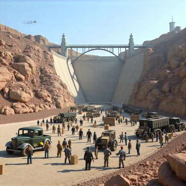 A historical scene depicting workers constructing the Hoover Dam during the 1930s. The scene includes numerous laborers in period-appropriate clothing, such as hard hats and work overalls, engaged in various tasks. Heavy cranes are positioned around the site, lifting large concrete blocks into place. Vintage machinery, including steam shovels and trucks, is visible, showcasing the technology of the time. The backdrop reveals the rocky landscape of the canyon, with the construction site bustling with activity under a clear blue sky.