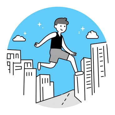 An urban athlete wearing a fitted black tank top and gray cargo shorts is executing a parkour jump between two buildings. The athlete has short, dark hair and is in mid-air, with one leg extended forward and arms spread for balance. The background features a skyline of modern buildings, showcasing a clear blue sky above. There are some scattered clouds adding depth to the scene. Below, a concrete street runs alongside the buildings, emphasizing the height and distance of the jump.