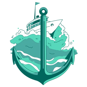 A teal sturdy anchor is firmly embedded in the ocean floor. Above the anchor, a white ship is riding the waves of turbulent waters. The ship is tilting slightly as it navigates the choppy sea, with water splashing dramatically around its hull. The turbulent waters are represented with deep, frothy waves crashing and swirling, creating a dynamic atmosphere around the steadfast anchor.