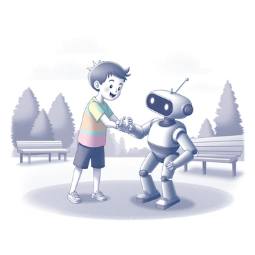A child is playing in a park. The child has a joyful expression, wearing a colorful shirt and shorts. Beside the child stands a friendly robot companion, with a rounded body and large, expressive eyes. The robot has articulated arms, and it is slightly taller than the child. The child is reaching out to the robot, inviting it to join in the play. The park features green grass, scattered trees, and a few benches in the background. Above, the sky is clear with white clouds.
