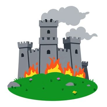 A tall, majestic castle with intricate stone towers and battlements, perched atop a lonely green hill. The sky is filled with dark, billowing clouds that appear to be swirling around the castle. Bright orange and red flames engulf the lower parts of the castle, illuminating the stone walls with a fiery glow. The hill is dotted with patches of grass and wildflowers, contrasting with the intense heat of the fire. The scene conveys a stark contrast between the castle's grandeur and the chaos of the flames surrounding it.