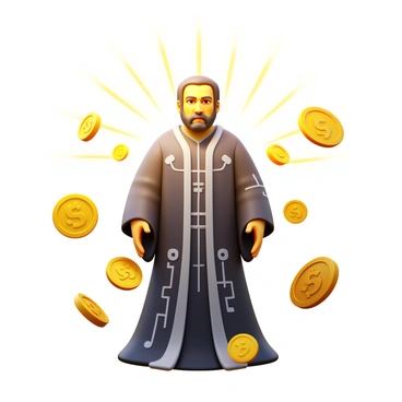 A mythical figure representing Satoshi Nakamoto with a mysterious expression. The figure is surrounded by an array of floating coins, glimmering in various shades of gold and silver. The setting is ethereal, with a sense of depth created by the coins drifting in various directions. The figure wears a flowing robe adorned with intricate patterns that resemble circuit designs. Rays of light illuminate the coins, enhancing their shine and creating a magical atmosphere around the scene.