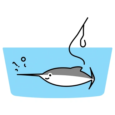 A swordfish with a long, pointed bill is swimming gracefully beneath the surface of a calm sea. The water is clear, revealing the fish's sleek, streamlined body. Above, a fishing line with a shiny hook dangles from a boat, but the swordfish is skillfully maneuvering away from it. Bubbles trail behind the fish as it swims, emphasizing its swift movement. The overall scene captures the dynamic interaction between the swordfish and the fishing gear.