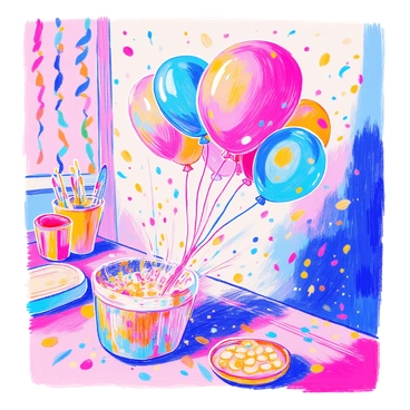 A balloon is depicted just as it bursts, sending an explosion of colorful glitter into the air. The balloon is vibrant in color and appears to be in mid-pop, with fragments of rubber flying outward. Surrounding the balloon, the glitter cascades in various hues including pink, blue, gold, and green, creating a sparkling effect. In the background, party decorations such as streamers and a table with snacks can be faintly seen, enhancing the festive atmosphere.
