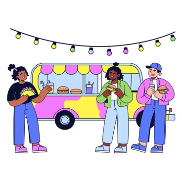 A group of millennials enjoying street food from a colorful food truck at an event