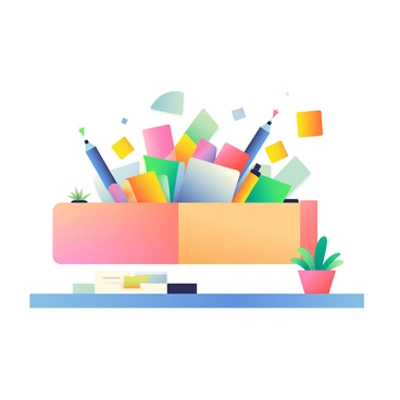 A wooden desk with a slightly open drawer is in the center of the image. From the drawer, various colorful office supplies are bursting out. Brightly colored pens in shades of blue, pink, and yellow are scattered around. There are sheets of paper in vibrant colors like green, orange, and purple, some flying out of the drawer. A few sticky notes in different shapes and sizes are also visible, adding to the playful chaos. The desk surface is neatly organized, with a small potted plant and a notepad resting on it. The background is softly blurred to bring focus to the lively assortment of office supplies.