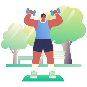 A person with medium skin is standing in a sunny park, holding a dumbbell in each hand above their shoulders, engaged in a shoulder press. They are wearing a blue tank top and black athletic shorts, with a focused expression on their face. Surrounding them are green trees with sunlight filtering through the leaves, casting dappled shadows on the grass. The ground is a vibrant green, and there are a few benches in the background, adding to the park atmosphere.
