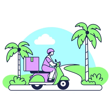 A delivery moped is cruising along a winding road on a tropical island. The moped is equipped with a large storage box on the back, designed for carrying packages. Tall palm trees line the sides of the road, their fronds gently swaying in the breeze. In the background, a clear blue sky stretches overhead, punctuated by a few fluffy clouds. The ground is dotted with vibrant green grass and small tropical plants. The moped's rider is wearing a helmet, and a slight smile can be seen on their face as they navigate through the sunny landscape.