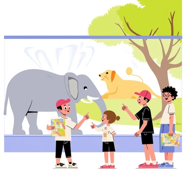 A group of three children is standing by a large glass enclosure at the zoo, excitedly observing two elephants. The elephants are playfully splashing water with their trunks, creating droplets that glisten in the sunlight. In the background, a pair of lions is lounging under a shade tree, their golden fur contrasting with the green foliage. The children, one wearing a red cap, another with curly hair, and the third with glasses, are pointing and laughing as they watch the animals. A colorful map of the zoo is clutched in one child's hand, adding to the sense of adventure.