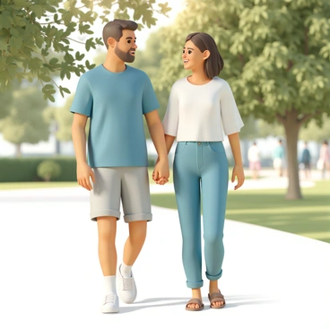 A man, wearing a blue t-shirt, light gray shorts, and white sneakers, walks alongside a woman. The woman is dressed in a white blouse, denim jeans, and brown sandals. They are holding hands, smiling at each other, and engaged in conversation. The scene features a green park with trees in the background and a pathway beneath their feet. Sunlight filters through the leaves, creating a warm atmosphere.