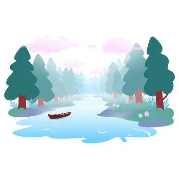 A wide river is flowing gently through a dense forest, shrouded in a thick layer of morning mist. Sunlight filters through the towering trees, creating soft, diffused beams. The water surface reflects the pastel hues of the early morning sky, with shades of pink and light blue blending together. On the riverbank, lush greenery and vibrant wildflowers are partially obscured by the mist, adding depth to the scene. In the distance, a small wooden boat is anchored quietly, partially hidden in the fog.