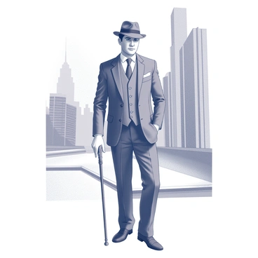 A dapper gentleman is standing confidently at a city street corner. He is dressed in a tailored suit with sharp lines and a crisp white shirt. Atop his head rests a classic fedora, perfectly fitted. In his right hand, he holds a cane, which has a decorative handle. The street corner features a backdrop of brick buildings and a city skyline, providing an urban atmosphere. The gentleman stands tall, exuding an air of sophistication and style.
