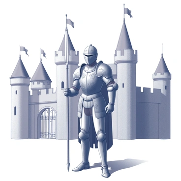 A regal figure clad in ornate armor stands sentinel at a castle gate. The armor is intricately detailed, featuring elaborate engravings and embellishments that denote high status. The guardian's posture is upright and vigilant, reflecting a strong sense of duty. A majestic castle with towering stone walls looms in the background, its gate adorned with ironwork and flanked by banners. The guardian holds a spear firmly in one hand, while the other rests on the pommel of a sheathed sword at their side.