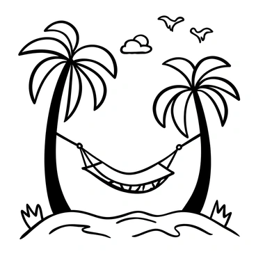 A monoline illustration of a tropical paradise featuring two tall palm trees with long, arching fronds. Between the palm trees, there is a hammock gently swaying, suspended by thick ropes. In the background, there are stylized clouds and a sun, represented with simple geometric shapes. The ground is depicted with wavy lines suggesting sandy beach paired with a few tufts of grass. Small details like birds in flight can be seen in the upper section of the image.