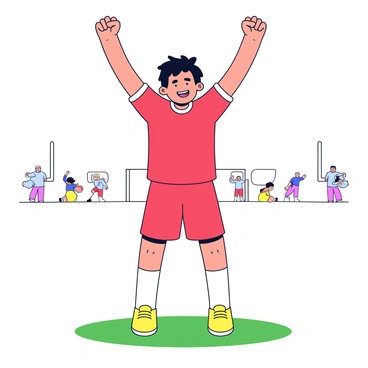 A male athlete with short black hair wearing a red sports jersey and matching shorts stands triumphantly on a grassy sports field. His arms are raised high above his head in celebration, and a broad smile is visible on his face. In the background, there are simple outlines of goalposts and a few spectators in the distance, cheering enthusiastically. The sunlight casts a bright glow on the scene, highlighting his muscular build and the texture of the grass beneath his feet.