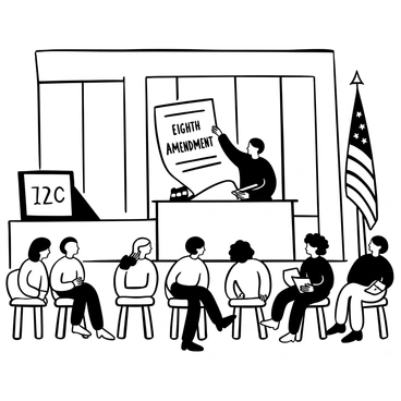 A courtroom with wooden paneling and a large judge's bench. A judge stands behind the bench, wearing a robe, holding a large document with the words "Eighth Amendment" prominently displayed on it. The judge's gavel rests on the bench beside the document. In front of the bench, there are rows of wooden chairs occupied by individuals, some taking notes. A large American flag is positioned in the corner of the room. The atmosphere is serious and formal.