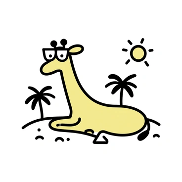 A giraffe lying down on a sandy beach. The giraffe has a relaxed posture, with its long neck resting comfortably on the ground. It is wearing large, stylish sunglasses. The sun is shining brightly, casting soft shadows on the sand around the giraffe. A few palm trees are positioned in the background, gently swaying in the light breeze.