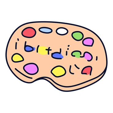 A painter's palette made of wood, featuring a smooth, rounded shape. The palette is adorned with various blobs of colorful paint arranged meticulously to spell out the word "illustration." Each paint blob consists of vibrant colors, including red, blue, yellow, green, and purple, with some colors blending into one another for a mixed effect. The paint has a glossy finish, catching the light. The palette itself sits on a simple white background, highlighting the intricate arrangement of the paint.