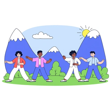 A group of five people practicing "qi gong" on a grassy clearing surrounded by tall mountains. Each person is in a different pose, demonstrating various movements of "qi gong." The individuals wear comfortable, loose-fitting clothing in soft colors like blue and white. The sun is shining brightly, casting soft shadows on the ground. In the background, there are rugged peaks and patches of greenery, creating a serene natural environment. A few fluffy clouds float in the clear blue sky.